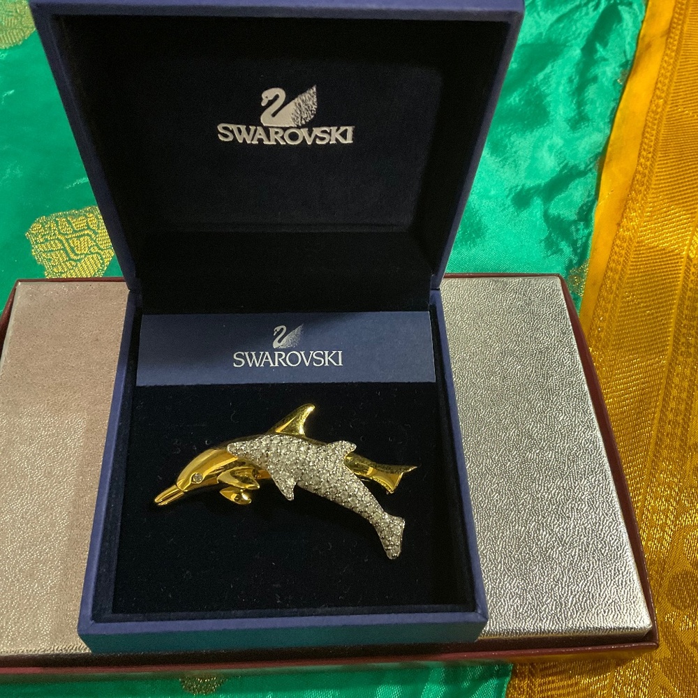 Swarovski Gold Tone and Crystal Dolphin Brooch
